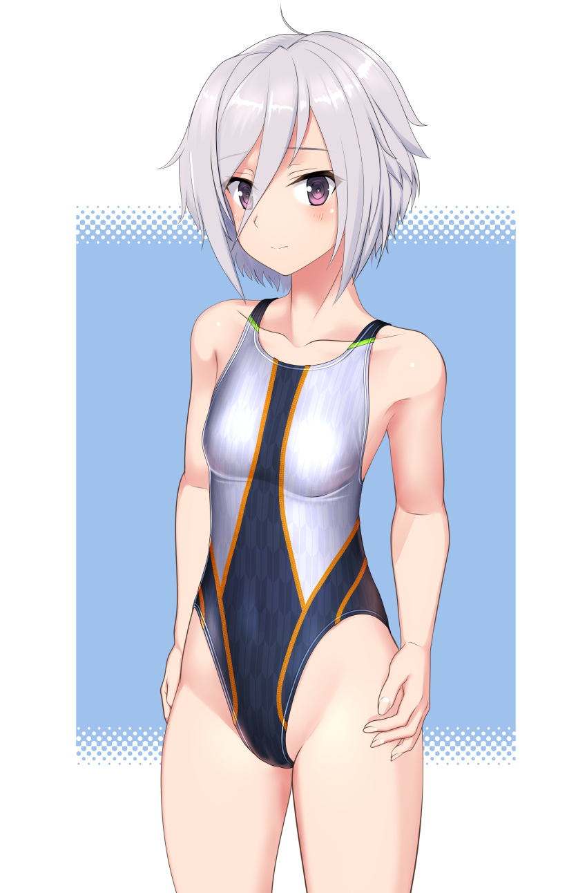 1girl absurdres ahoge black_one-piece_swimsuit blue_background breasts commentary_request competition_swimsuit cowboy_shot grey_hair hair_between_eyes highres itomi_sayaka multicolored_clothes multicolored_swimsuit one-piece_swimsuit purple_eyes short_hair small_breasts solo standing swimsuit takafumi toji_no_miko two-tone_background two-tone_swimsuit variant_set yagasuri