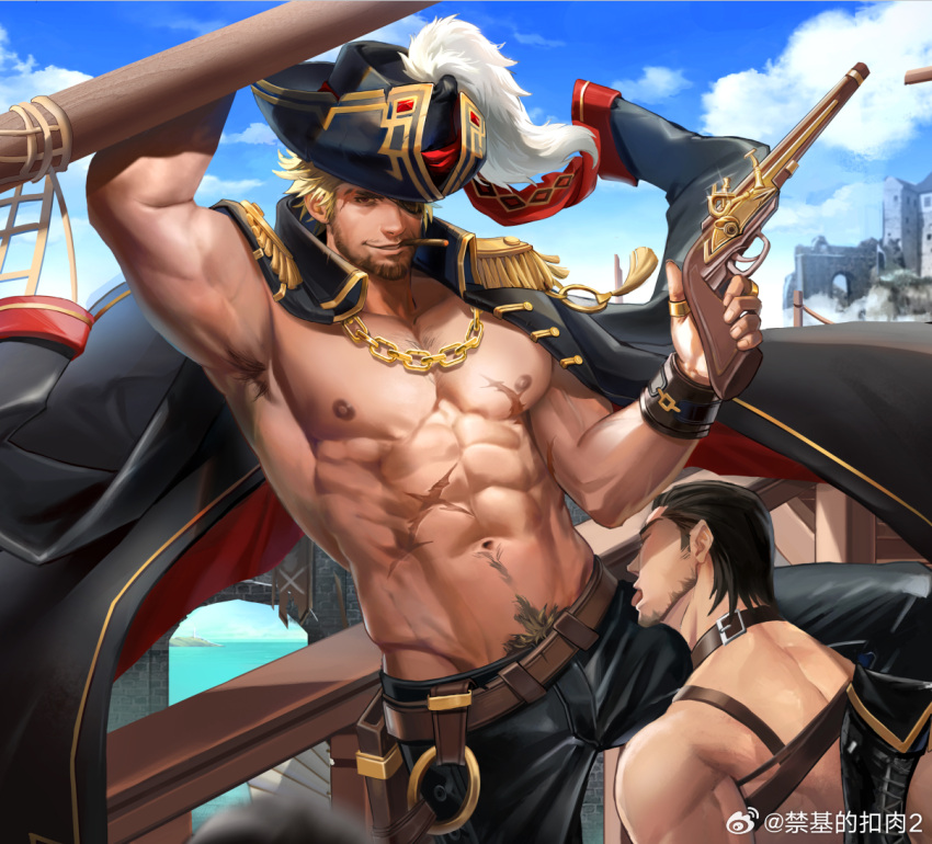 2boys abs anjingkuxiao arm_up armpit_hair armpits bara bara_pirate bare_pectorals beard belt_collar blonde_hair chain cigar coat coat_on_shoulders collar eyepatch facial_hair feet_out_of_frame floating_clothes gun hat holding holding_gun holding_weapon imminent_fellatio large_pectorals leg_on_another's_shoulder looking_at_viewer male_focus male_pubic_hair mature_male multiple_boys muscular muscular_male navel nipples no_shirt original pants pectorals pirate pirate_hat pubic_hair pubic_hair_peek red_eyes scar scar_on_chest ship short_hair slave smile solo_focus sparse_navel_hair thick_eyebrows watercraft weapon yaoi