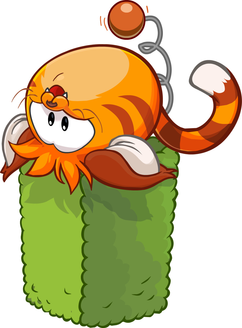 ambiguous_gender animal_ears cat_puffle cat_tail club_penguin fangs full-length_portrait hi_res looking_at_viewer official_art open_mouth orange_body portrait puffle scratching_post solo teeth unknown_artist upside_down
