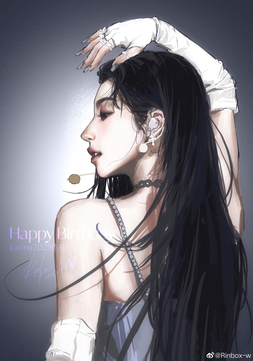 1girl absurdres aespa black_hair dated dress earpiece elbow_gloves fingerless_gloves gloves grey_background grey_choker grey_dress grey_nails hair_behind_ear happy_birthday highres jewelry k-pop karina_(aespa) long_hair looking_to_the_side mole mole_under_mouth multiple_rings nail_polish parted_lips real_life realistic rinbox-w ring signature solo very_long_hair weibo_logo weibo_username white_gloves