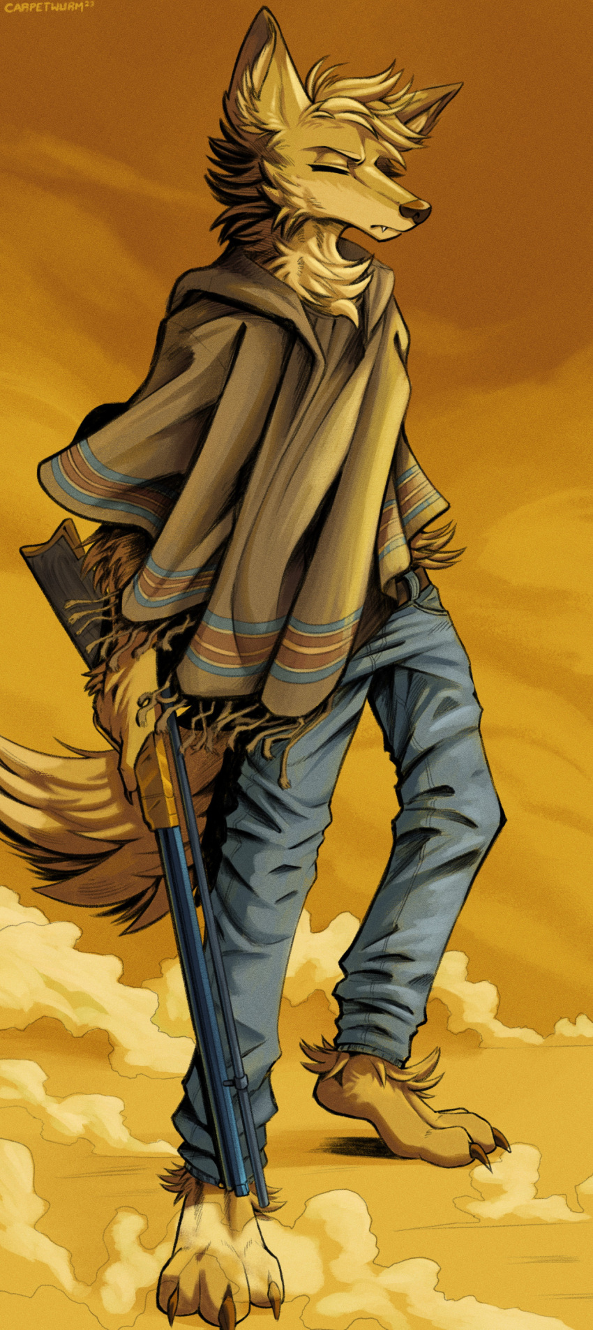 2023 absurd_res anthro biped blue_bottomwear blue_clothing blue_pants bottomwear brown_belt canid canine carpetwurm claws clothed clothing colored eyes_closed fox frown fur gun hi_res holding_gun holding_object holding_weapon male mammal pants ranged_weapon rifle solo toe_claws weapon yellow_body yellow_fur