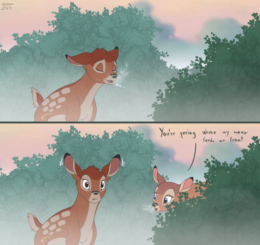 bambi bambi_(film) brown_body brown_fur cervine child cold deer digital_drawing_(artwork) digital_media_(artwork) disney ears_back ears_up eyes_closed faline fawn_spots female feral fog foggy foggy_background fur hi_res male mammal mule_deer new_world_deer open_mouth peeing pivoted_ears plant reinderworld shrub smile surprise surprised_expression tan_body tan_fur text young