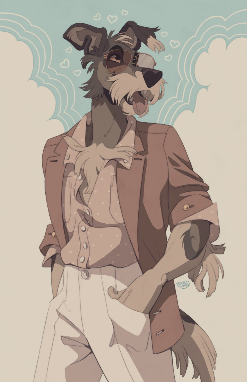 &lt;3 anthro blazer brown_body brown_fur canid canine canis cheek_tuft chest_tuft chin_tuft clothed clothing dex_(terribleanimal) domestic_dog dress_shirt ear_tuft eyewear facial_tuft fangs fur hand_in_pocket hi_res male mammal open_clothing open_mouth open_shirt open_smile open_topwear pockets schnauzer shirt simple_background smile solo sunglasses teeth terribleanimal topwear tuft wide_eyed