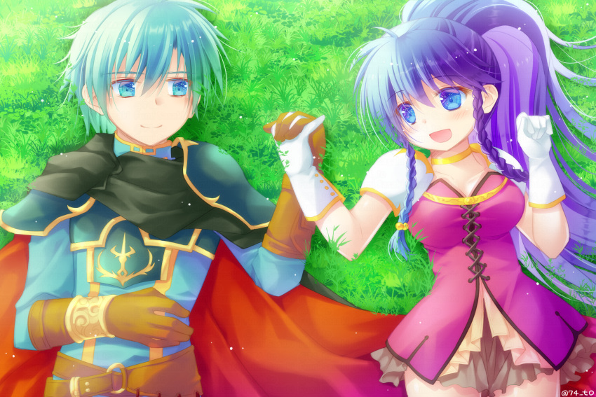 1boy 1girl :d armor black_cape blue_eyes blue_hair blue_shirt braid breasts brown_gloves cape closed_mouth collarbone commentary_request commission dress ephraim_(fire_emblem) eye_contact fire_emblem fire_emblem:_the_sacred_stones gloves hand_up hands_up high_ponytail highres holding_hands interlocked_fingers long_hair looking_at_another looking_to_the_side lying medium_breasts on_back on_grass pauldrons pixiv_commission ponytail purple_dress purple_hair red_cape sasaki_fumi shirt shoulder_armor smile tana_(fire_emblem) twin_braids twitter_username very_long_hair white_gloves