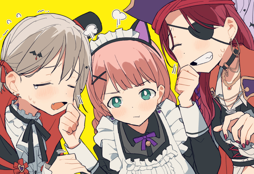 3girls :t aoba_moca apron bang_dream! bell black_headwear black_ribbon black_shirt blush cheek_pinching clenched_hands closed_eyes closed_mouth coldcat. collared_shirt dot_nose ear_piercing earrings eyepatch facing_viewer fang flat_color flying_sweatdrops forehead frilled_apron frills furrowed_brow green_eyes grey_hair grin hair_ornament hair_ribbon halloween halloween_costume hat highres hoop_earrings jacket jewelry long_bangs long_hair long_sleeves looking_at_viewer maid maid_headdress mini_hat mini_top_hat multiple_girls neck_bell neck_garter neck_ribbon necklace open_clothes open_jacket open_mouth parted_bangs piercing pinching pink_hair pirate_costume pirate_hat pout purple_headwear purple_ribbon raised_eyebrows red_hair red_ribbon ribbon shirt sidelocks smile sweat tearing_up teeth top_hat udagawa_tomoe uehara_himari upper_body vampire_costume white_apron x_hair_ornament yellow_background