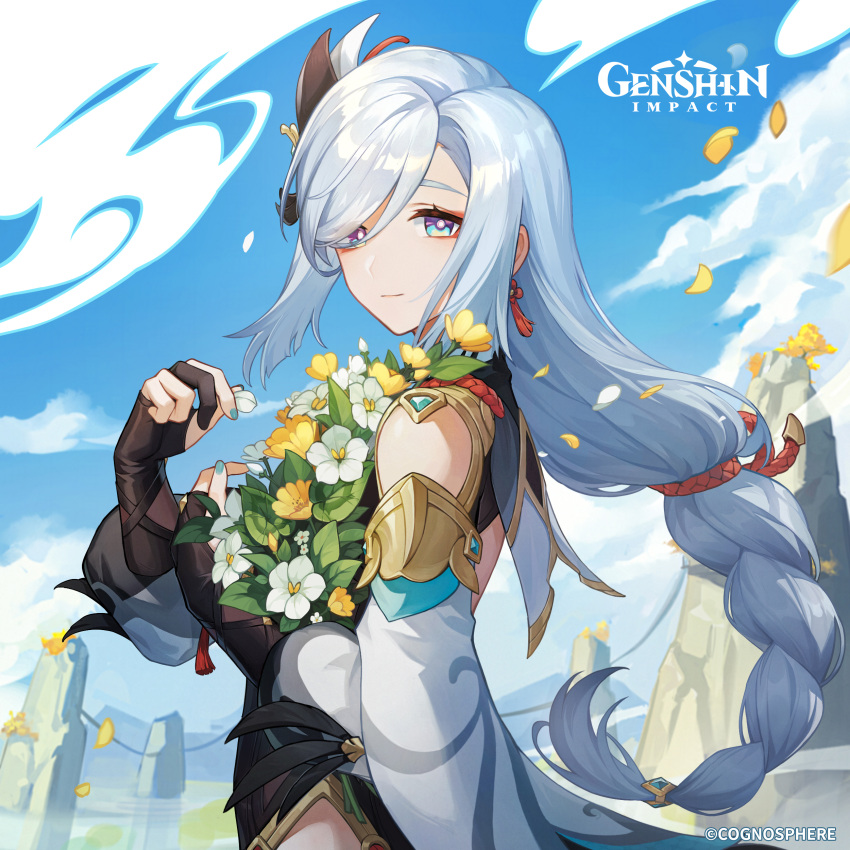 1girl absurdres bangs bare_shoulders black_gloves blue_eyes blue_sky clothing_cutout cloud commentary day flower genshin_impact gloves hair_ornament highres holding holding_flower long_hair looking_at_viewer official_art petals shenhe_(genshin_impact) shoulder_cutout sky smile solo swept_bangs upper_body very_long_hair white_flower white_hair yellow_flower
