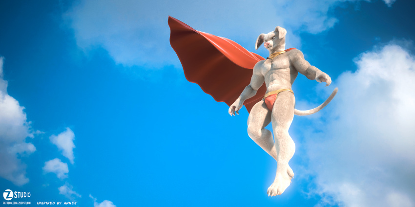 3d_(artwork) anthro anthro_male blue_sky bulge canid canine canis cape clothing dc_comics dc_league_of_super-pets digital_media_(artwork) domestic_dog flying hi_res krypto krypto_the_superdog male mammal pink_nose sky solo superhero superpowers zorryn