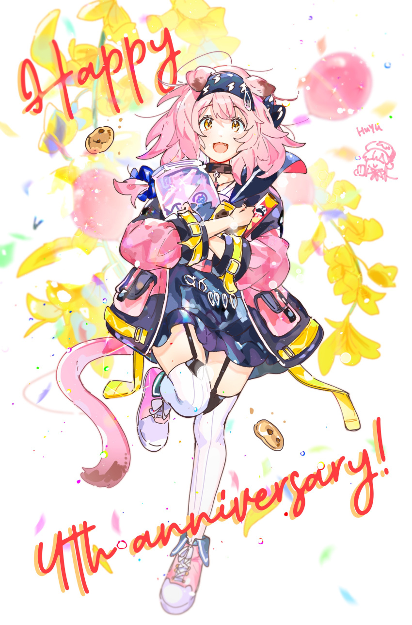 1girl :3 :d absurdres animal_ears arknights black_hairband black_skirt blue_bow bow braid cat_ears cat_tail cookie food garter_belt goldenglow_(arknights) hair_bow hair_ornament hairband hairclip happy_anniversary highres jacket lightning_bolt_symbol looking_at_viewer open_mouth pink_footwear pink_hair pink_jacket shoes skirt smile sneakers solo tail thighhighs wed_(lim38869577) white_thighhighs