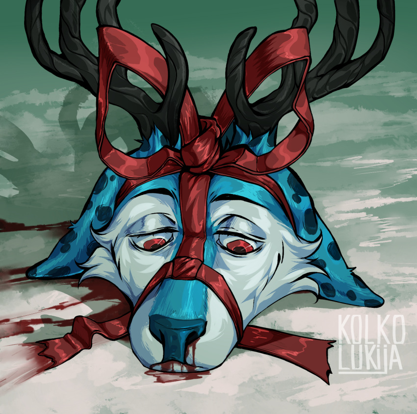 anthro blood bodily_fluids death decapitation deer gift gore hi_res kolkolukija macabre male mammal ribbons snow solo