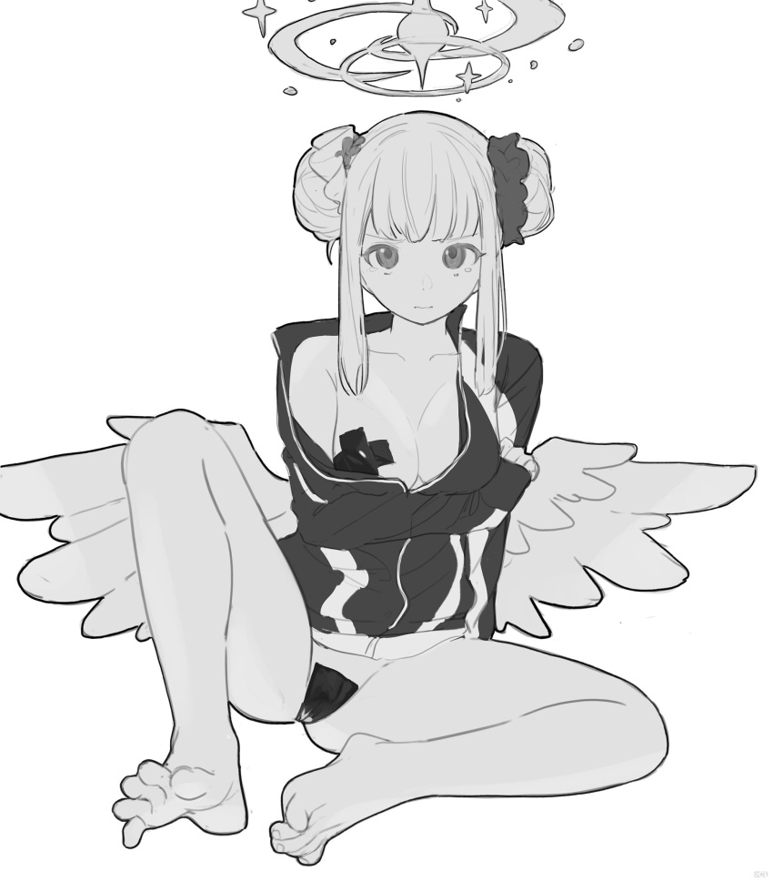 1girl bare_legs bare_shoulders barefoot blue_archive blunt_bangs breasts cleavage double_bun feathered_wings flower full_body hair_bun hair_flower hair_ornament hair_ribbon halo highres jacket light_frown looking_at_viewer medium_breasts mika_(blue_archive) monochrome off-shoulder_jacket off_shoulder open_clothes open_jacket pasties ribbon sidelocks sitting sketch songchuan_li tape_on_nipples tape_on_pussy tears toes wavy_mouth white_background wings