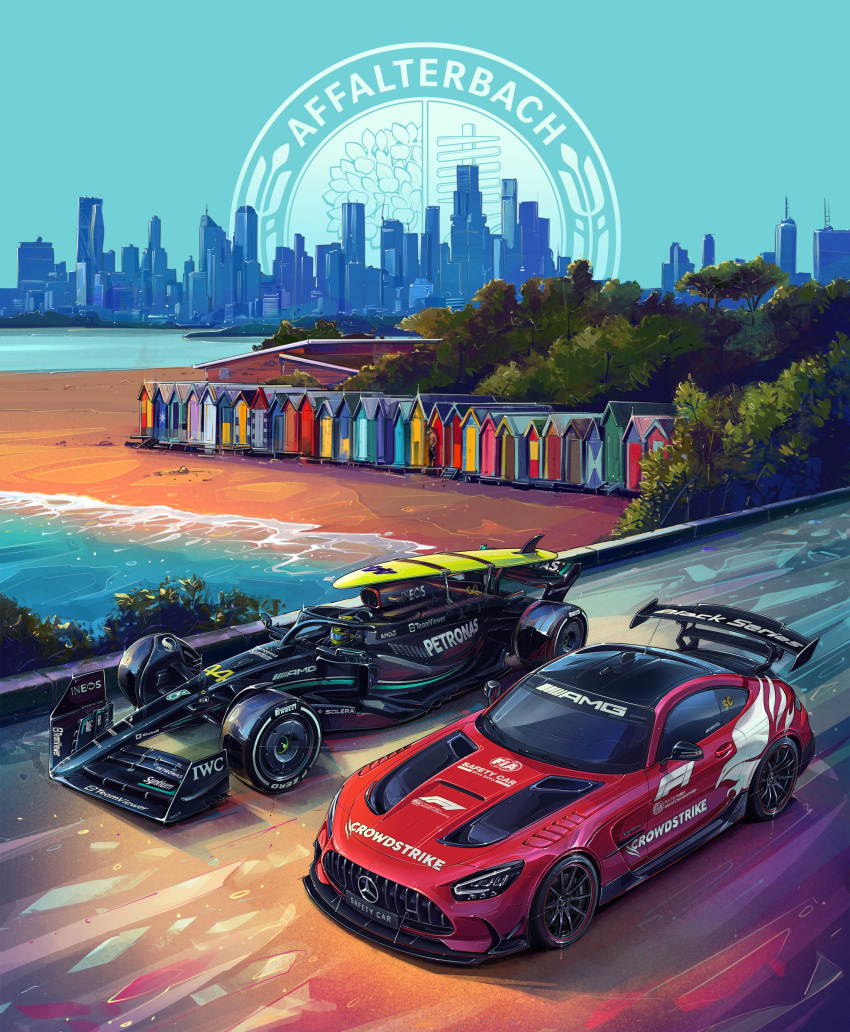 1boy 2023 absurdres andrew_mytro beach car city driving english_commentary forest formula_one highres lewis_hamilton melbourne mercedes-benz mercedes-benz_amg_gt motor_vehicle nature ocean official_art promotional_art race_vehicle racecar real_life spoiler_(automobile) sports_car stitched tree vehicle_focus water
