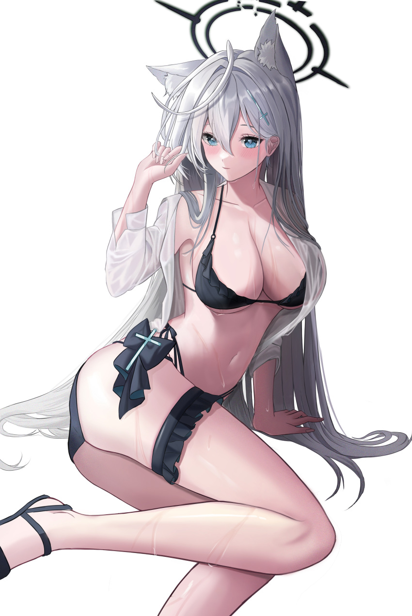 1girl absurdres ahoge animal_ear_fluff animal_ears arm_support bikini black_bikini black_footwear blue_archive blue_eyes breasts cleavage closed_mouth collarbone dot_nose feet_out_of_frame frilled_bikini frilled_straps frills full_body grey_hair hair_between_eyes hair_ornament halo hand_up highres hip_vent large_breasts light_smile long_hair long_sleeves looking_to_the_side navel o-ring o-ring_bikini official_alternate_costume shadow shiroko_(blue_archive) shiroko_(terror)_(blue_archive) shirt simple_background sitting solo string_bikini swimsuit themaree thigh_strap thighs wet wet_clothes wet_shirt white_background white_shirt white_sleeves yokozuwari