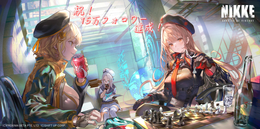 3girls absurdres anis_(nikke) beret black_gloves black_headwear black_jacket black_leotard black_thighhighs blue_neckerchief board_game breasts brown_hair brown_thighhighs chess chess_piece cleavage collared_leotard cropped_jacket drink fingerless_gloves glasses gloves goddess_of_victory:_nikke green_eyes grey_shirt hat highres hitaki_yuu holding holding_drink indoors jacket large_breasts leotard light_blush long_hair multiple_girls neckerchief necktie neon_(nikke) open_hands orange_eyes orange_gloves rapi_(nikke) red_necktie sailor shirt short_hair thighhighs two-tone_gloves white_hair white_headwear yellow_eyes