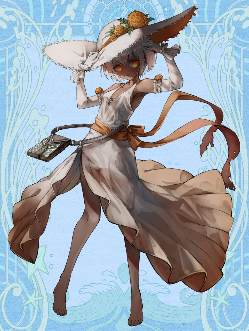 1girl adjusting_clothes adjusting_headwear arm_warmers arms_up bag barefoot blue_background book breasts brown_ribbon clara_lindvall dairoku_ryouhei dark-skinned_female dark_skin dress flower full_body gloves handbag hat hat_flower highres kajaneko looking_at_viewer orange_eyes ribbon see-through short_hair small_breasts solo standing sun_hat white_dress white_gloves white_hair white_headwear