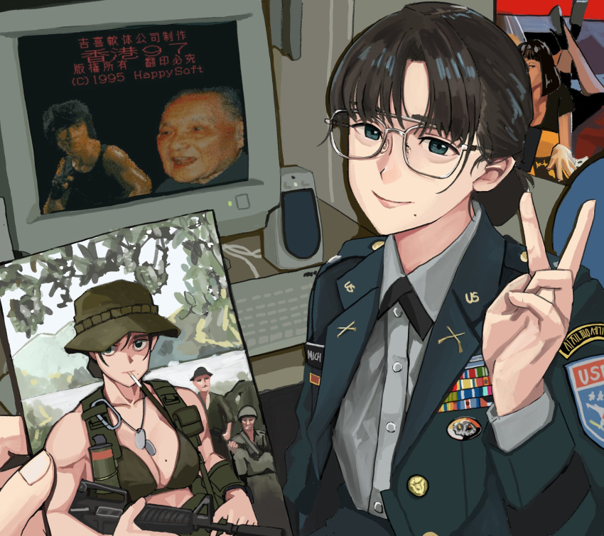 character_request copyright_request crt dog_tags glasses gun hat highres holding holding_gun holding_picture holding_weapon light_smile looking_at_viewer mia_wallace military_uniform original poster_(object) pov pulp_fiction speaker uniform v wani_(perfect_han) weapon