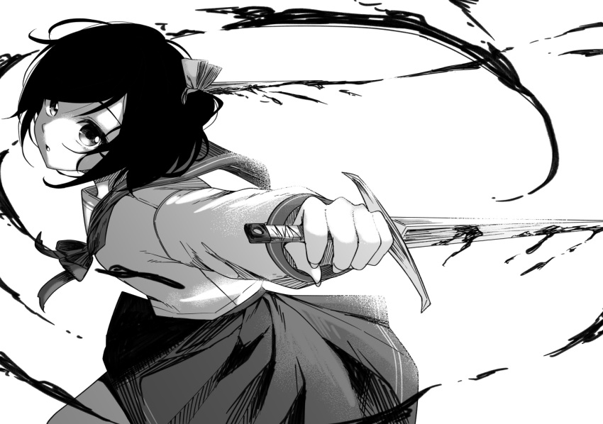 1girl blood commentary_request dagger greyscale holding holding_dagger holding_knife holding_weapon knife long_sleeves looking_at_viewer monochrome one_side_up original parted_lips pleated_skirt sailor_collar school_uniform serafuku shirt simple_background skirt solo suzunari_shizuku swept_bangs weapon white_background yuki_arare