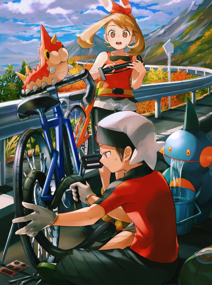 1boy 1girl bicycle bike_shorts bike_shorts_under_shorts brendan_(pokemon) brown_eyes brown_hair bucket cloud commentary_request day eyelashes gloves ground_vehicle highres holding marshtomp may_(pokemon) open_mouth orange_mikan outdoors pants pokemon pokemon_(creature) pokemon_(game) pokemon_oras shirt shoes short_shorts short_sleeves shorts sitting sky sleeveless sleeveless_shirt standing teeth tongue water wurmple yellow_footwear