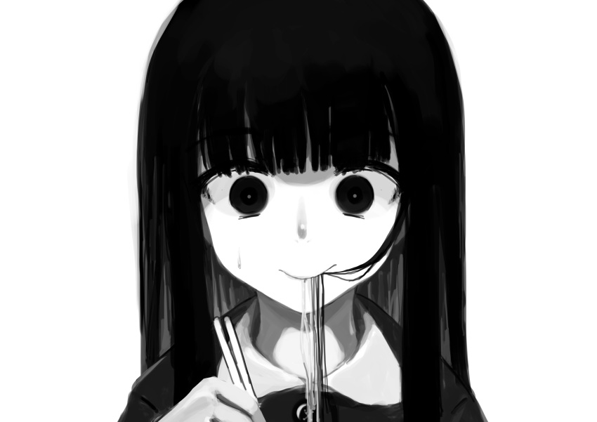 1girl absurdres blunt_bangs buttons chopsticks closed_mouth collared_shirt commentary_request eating eating_hair empty_eyes food greyscale hand_up highres holding holding_chopsticks kagari-lunatic long_hair looking_at_viewer monochrome nervous_smile noodles original portrait shirt simple_background smile solo straight-on sweatdrop