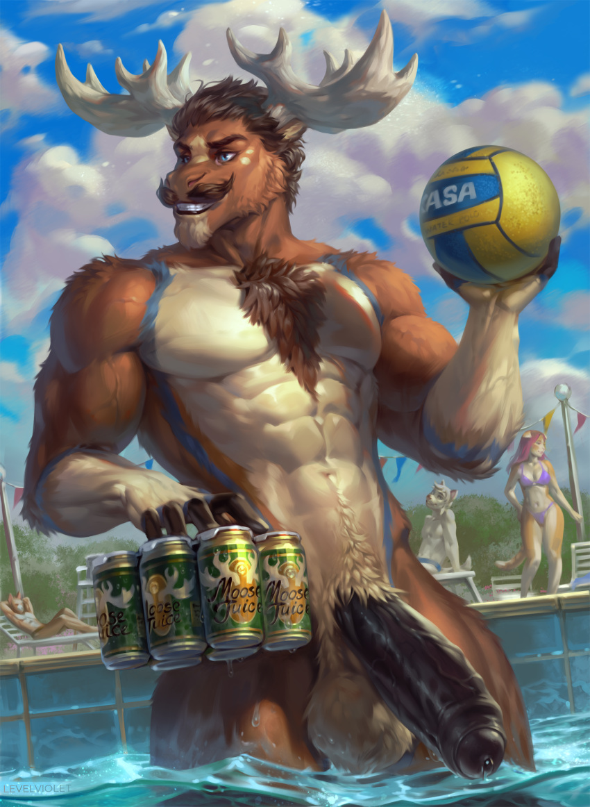 2_horns abs anthro ball balls body_hair can chest_hair container deer diffuse_moose female genitals hi_res horn levelviolet male mammal moose muscular muscular_anthro muscular_male new_world_deer pecs penis vein veiny_muscles veiny_penis volleyball_(ball)