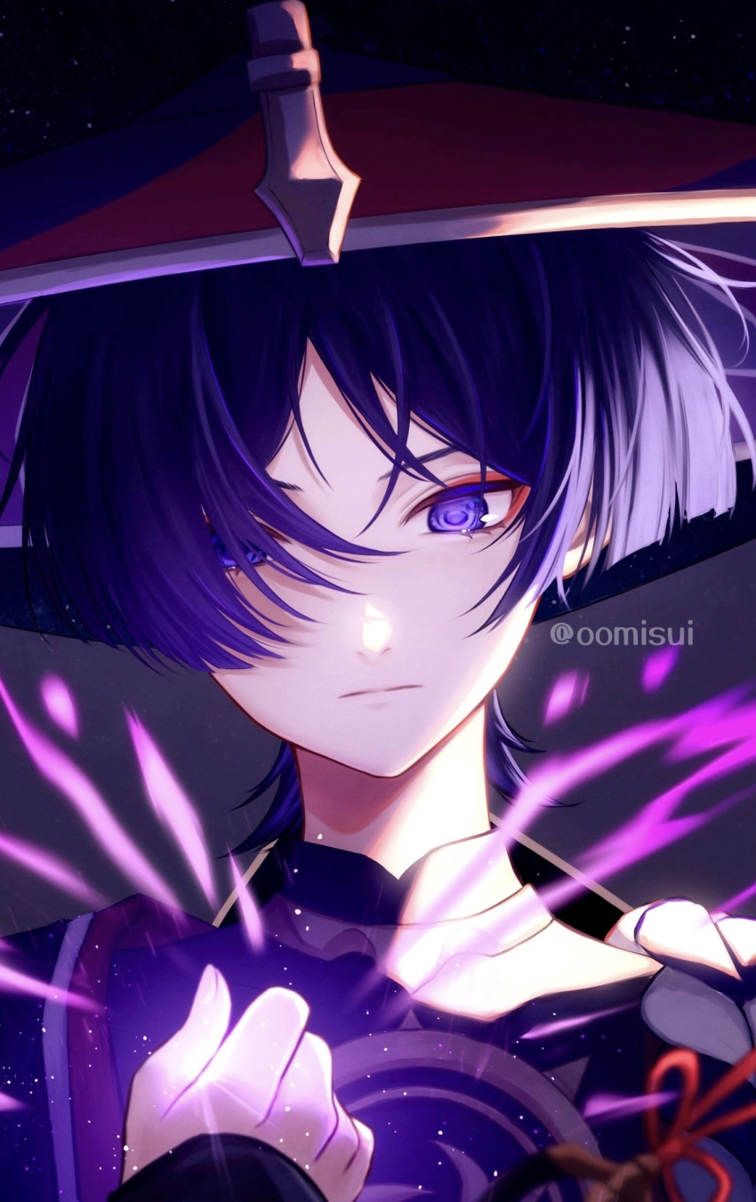 1boy armor artist_name black_shirt blunt_ends closed_mouth commentary_request energy expressionless eyelashes eyeshadow genshin_impact hair_over_one_eye hand_up hat highres japanese_armor japanese_clothes jingasa kote kurokote looking_at_viewer makeup male_focus oomisou parted_bangs purple_background purple_eyes purple_hair red_eyeshadow red_headwear rope scaramouche_(genshin_impact) shirt short_hair sidelocks solo twitter_username upper_body
