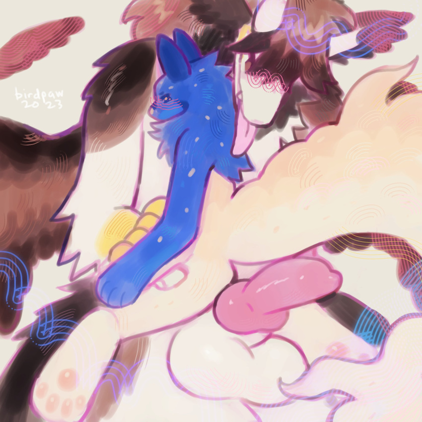 2023 4_toes ambiguous_gender anthro anthro_on_anthro arm_tuft balls bangs barefoot big_balls birdpaw_(artist) black_body black_feathers black_fur blue_body blue_ears blue_fur blush brown_body brown_feathers brown_fur brown_wings butt canid canine digital_media_(artwork) dragon duo elbow_tuft erection eyes_closed fangs feathered_dragon feathers feet fur furred_dragon fursona_(birdpaw) genitals handpaw hi_res hindpaw knot male mammal multicolored_body multicolored_feathers multicolored_fur multicolored_wings pawpads paws penis pink_nose pink_pawpads pink_penis pink_tongue shoulder_tuft simple_background smile tail talons tan_background tan_body tan_fur tan_tail teeth toes tongue tongue_out tuft white_balls white_body white_fur wings