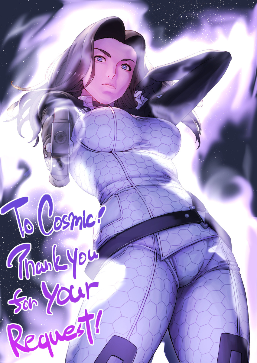 1girl absurdres aduti_momoyama belt bodysuit breasts brown_hair commission commissioner_upload glowing gun highres holding holding_gun holding_weapon looking_at_viewer mass_effect_(series) mass_effect_2 miranda_lawson skeb_commission sky solo star_(sky) starry_sky weapon white_bodysuit
