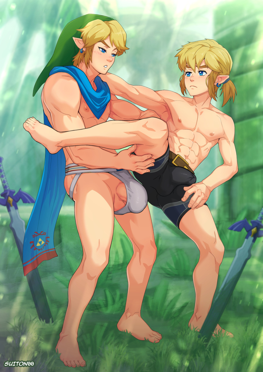 2023 abs absurd_res blonde_hair breath_of_the_wild bulge clothing duo elf genitals grass hair hi_res humanoid humanoid_on_humanoid humanoid_pointy_ears hylian hyrule_warriors light_body light_skin link male male/male master_sword melee_weapon muscular muscular_humanoid muscular_male nintendo nipples not_furry palm_tree penis plant selfcest signature square_crossover suiton00 sword the_legend_of_zelda tree weapon