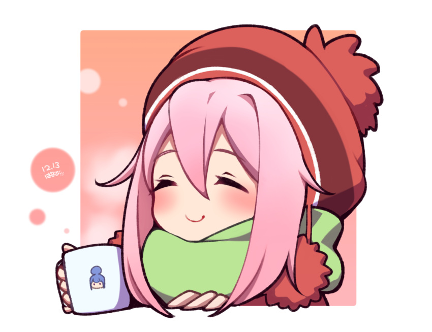 1girl closed_eyes cup dated green_scarf holding holding_cup kagamihara_nadeshiko long_hair mug pink_hair red_headwear scarf shima_rin smile umenodo winter_clothes woollen_cap yurucamp