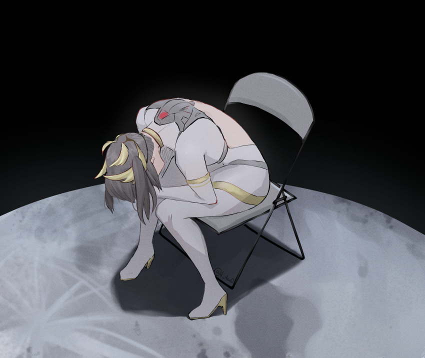 1girl absurdres backless_bodysuit bodysuit chair despair folding_chair gold_trim grey_bodysuit hands_on_own_head high_heels highres medium_hair meme moon nanami:_starfarer_(punishing:_gray_raven) neon_genesis_evangelion pilot_suit punishing:_gray_raven shinji_in_a_chair_(meme) side_ponytail sitting solo tacowo tiara wing_hair_ornament