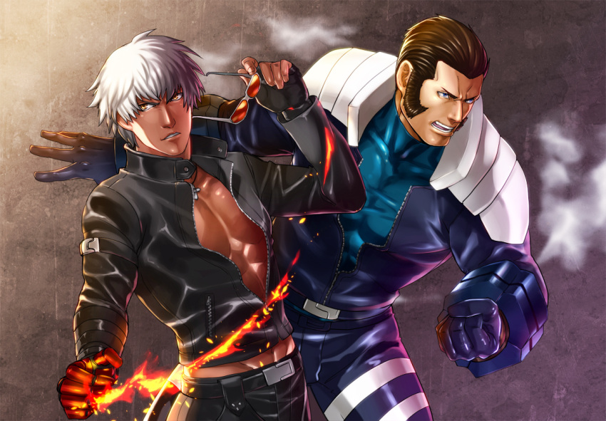 2boys abs android arimi_rio_(baubau) bare_pectorals black_jacket black_pants blue_eyes brown_eyes brown_hair collarbone cross dark-skinned_male dark_skin fingerless_gloves fire furrowed_brow gloves hair_slicked_back holding holding_removed_eyewear jacket jewelry k'_(kof) leather leather_jacket leather_pants looking_ahead looking_to_the_side male_focus maxima multiple_boys necklace no_shirt open_clothes open_jacket open_mouth pants parted_lips pectoral_cleavage pectorals pyrokinesis short_hair sideburns simple_background skin_tight smoke sunglasses the_king_of_fighters unworn_eyewear v-shaped_eyebrows white_hair
