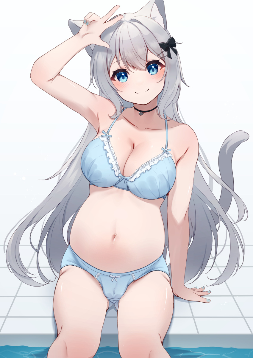 1girl absurdres animal_ears ass_visible_through_thighs big_belly black_bow black_choker blue_bra blue_eyes blue_panties bow bra breasts cat_ears cat_tail choker closed_mouth grey_hair hair_bow highres hinata_(user_rjkt4745) large_breasts long_hair looking_at_viewer navel original panties pool pregnant sitting smile solo tail underwear underwear_only water