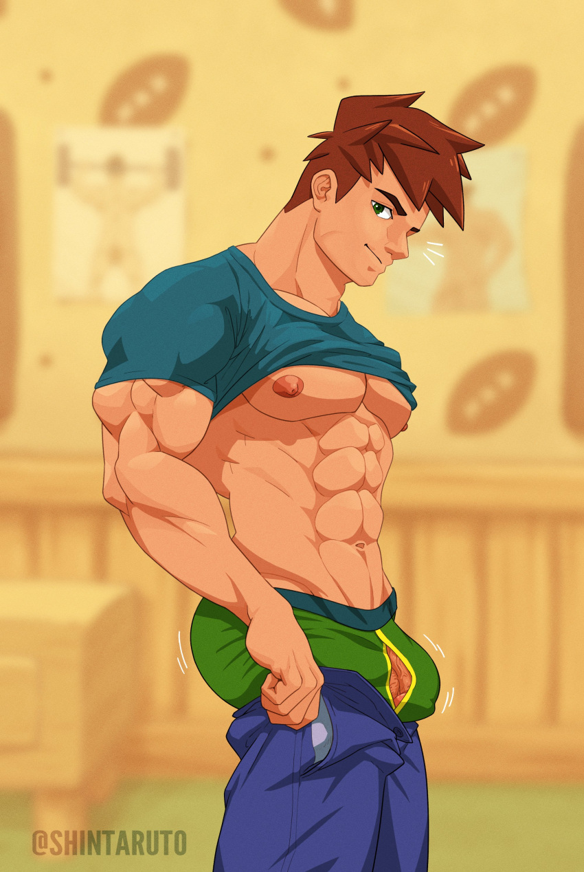 1boy abs absurdres alex_(stardew_valley) alternate_pectoral_size artist_request ass ass_lift ball bara boxers brown_hair bulge bulge_lift clothes_lift denim dressing feet_out_of_frame from_side green_eyes green_male_underwear highres i've_never_seen_a_guy_recreate_this_successfully_tbh_(meme) jeans large_pectorals looking_at_viewer male_focus male_underwear meme motion_lines muscular muscular_male navel nipples open_pants pants pants_lift pectorals penis penis_peek rugby_ball scar scar_on_cheek scar_on_face shirt_lift short_hair sideburns solo stardew_valley stomach thick_eyebrows underpec undersized_clothes underwear