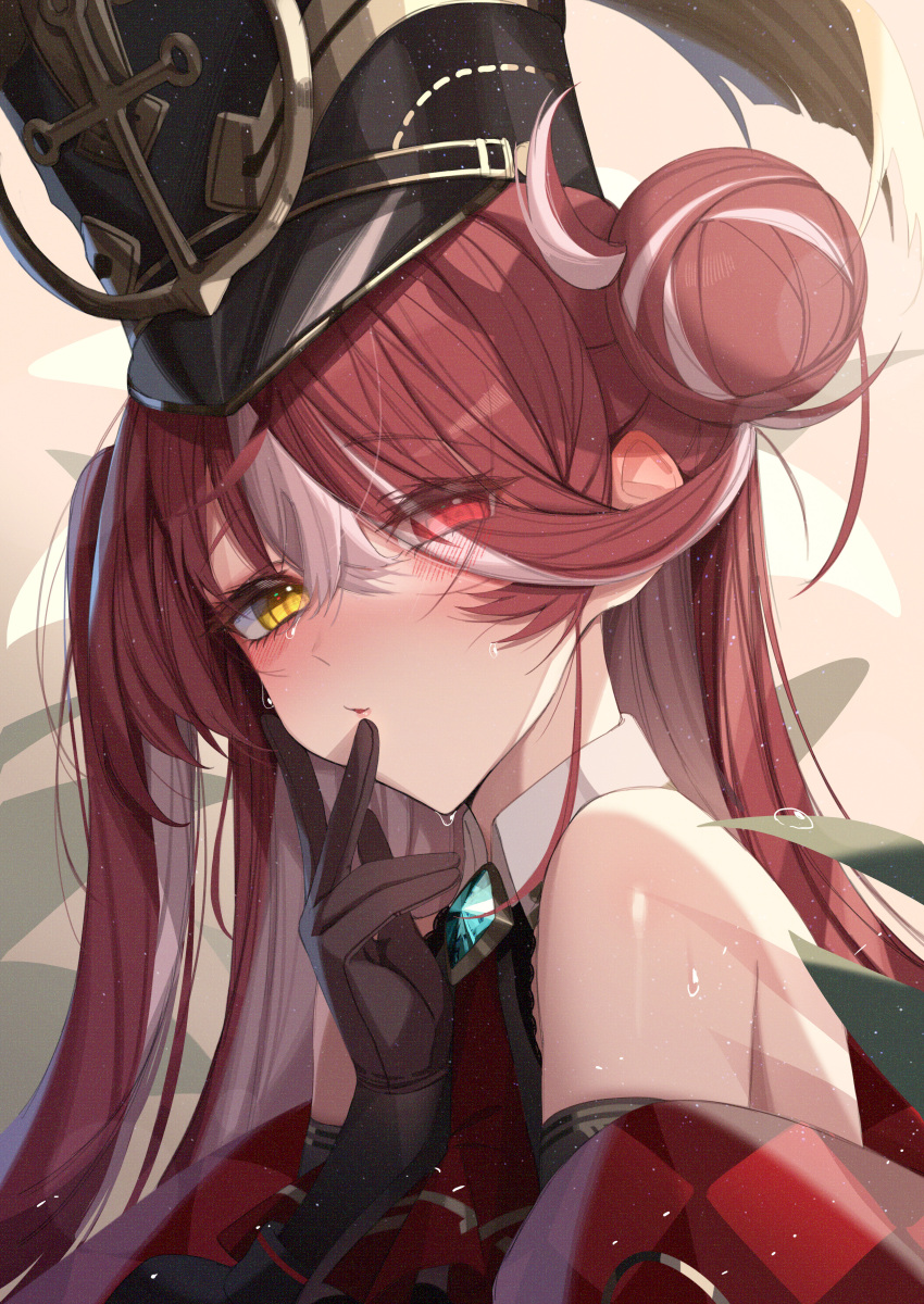 1girl absurdres black_gloves black_headwear black_jacket black_leotard blush finger_to_mouth gloves hair_bun hat heterochromia highres hololive houshou_marine houshou_marine_(5th_costume) jacket kyudong. leotard long_hair looking_at_viewer multicolored_hair pink_hair red_eyes red_hair red_jacket shako_cap solo strapless strapless_leotard streaked_hair sweat two-sided_fabric two-sided_jacket virtual_youtuber yellow_eyes