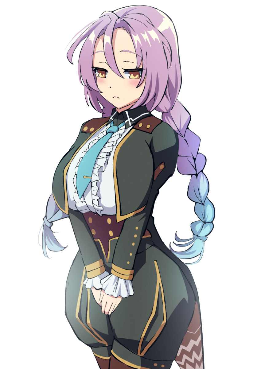 1girl alternate_breast_size blush braid breasts clorica_(rune_factory) commission frills highres large_breasts long_hair long_sleeves looking_at_viewer necktie pixiv_commission purple_hair rune_factory rune_factory_4 sakamata_(sakamata4) solo twin_braids white_background yellow_eyes