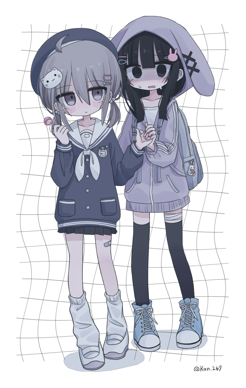 2girls artist_name bandaid bandaid_on_leg black_eyes black_hair black_skirt blue_footwear blush candy food grey_eyes grey_hair hair_ornament hat highres kanikan lollipop long_sleeves multiple_girls open_mouth original over-kneehighs sailor_collar skirt socks thighhighs white_footwear white_socks