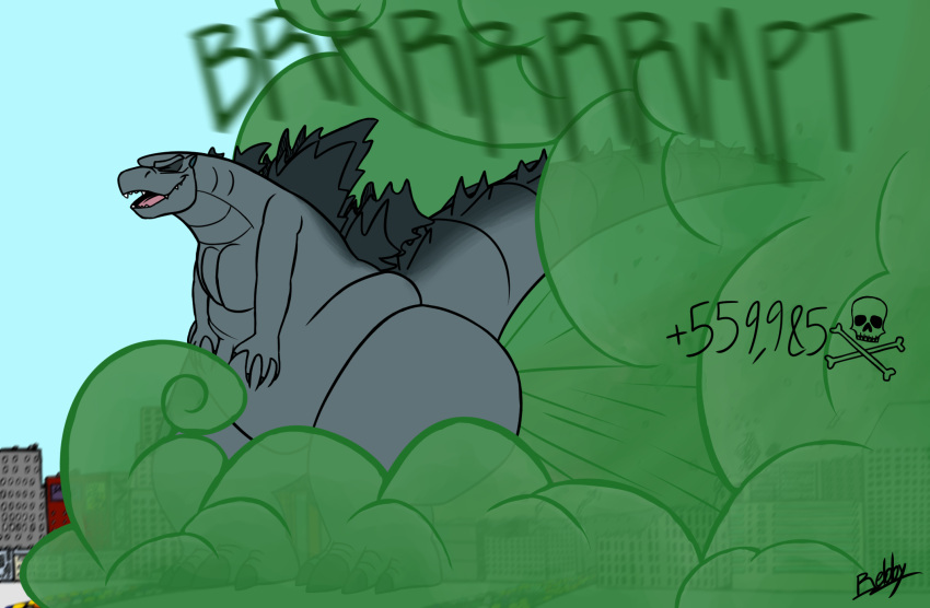 building butt city city_crushing city_destruction cityscape claws death_toll dorsal_spikes fart godzilla godzilla_(series) hi_res hyper hyper_fart kaiju killing male monster obese open_mouth overweight raised_tail rebbythewolf relieved reptilian_tail scalie smelly solo stink_clouds tail thick_thighs toho