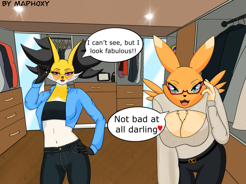 anthro artmaphoxy bandai_namco blue_eyes closet_room clothing delphox digimon digimon_(species) duo eyewear female female/female fur generation_6_pokemon glasses hi_res looking_at_viewer maphoxy mirror nintendo pokemon pokemon_(species) pose rena_(yourdigimongirl) renamon white_body white_fur yellow_body yellow_fur