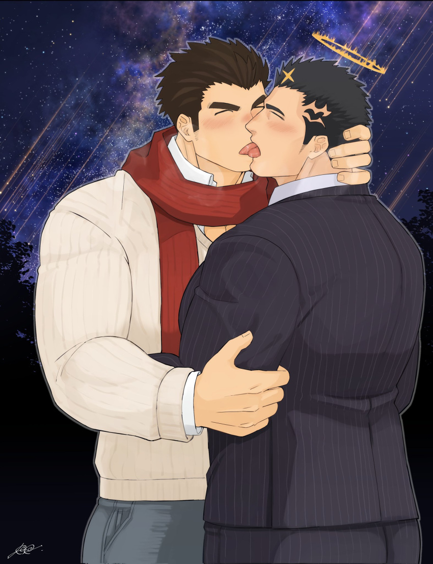 2boys alternate_costume ass bara beard_stubble black_hair black_suit blush breath brown_sweater closed_eyes commentary_request commission contemporary couple facial_hair formal french_kiss from_side grabbing_another's_arm halo hand_on_another's_neck harada_(basashi) highres kiss large_pectorals long_sideburns male_focus mature_male multiple_boys muscular muscular_male mustache_stubble official_alternate_costume pants pectorals protagonist_3_(housamo) red_scarf saliva scarf second-party_source short_hair sideburns skeb_commission striped striped_pants striped_suit stubble suit sweater thick_eyebrows tokyo_afterschool_summoners tongue tongue_out v-shaped_eyebrows watermark winter_clothes yaoi zabaniyya_(fashionista_suit)_(housamo) zabaniyya_(housamo)