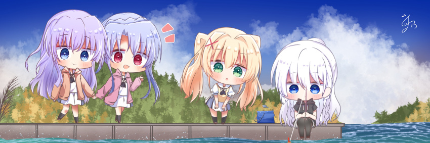 4girls :d :o absurdres alternate_costume alternate_hairstyle ascot black_ascot black_hoodie black_pantyhose black_socks blonde_hair blue_eyes blue_hair blue_sky blunt_ends blush braid bucket chibi closed_mouth cloud commission crown_braid expressionless eyes_visible_through_hair fish fishing_rod green_eyes hair_between_eyes hair_intakes hair_ornament hand_up hands_on_own_thighs highres holding holding_fishing_rod holding_hands hood hood_down hoodie jitome kneehighs leaning_forward light_purple_hair long_hair looking_at_another looking_down miniskirt multiple_girls naruse_shiroha notice_lines ocean open_mouth outdoors own_hands_together pantyhose ponytail puffy_short_sleeves puffy_sleeves red_eyes sailor_collar school_uniform shirt short_sleeves siblings sidelocks signature sisters sitting skeb_commission skirt sky smile socks sorakado_ai sorakado_ao sparkling_eyes standing summer summer_pockets sweater_vest tsumugi_wenders twin_braids twins twintails utuigawa very_long_hair walking waving white_hair white_sailor_collar white_shirt white_skirt x_hair_ornament yellow_sweater_vest