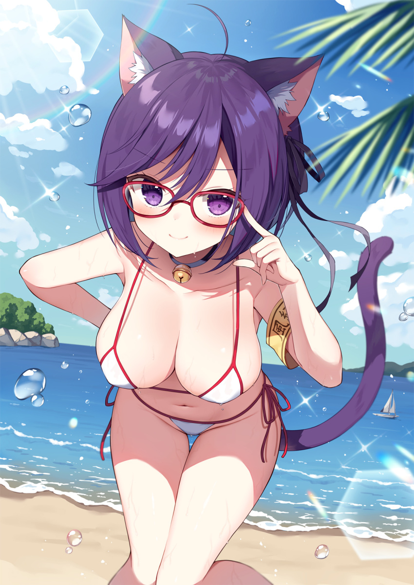 1girl ahoge animal_ear_fluff animal_ears beach bell bikini black_ribbon blue_sky breasts cat_ears cat_girl cat_tail closed_mouth cloud commentary_request day glasses hair_ribbon highres jingle_bell large_breasts looking_at_viewer mauve neck_bell ocean original purple_eyes purple_hair red-framed_eyewear ribbon short_hair side-tie_bikini_bottom sky smile solo standing swimsuit tail white_bikini