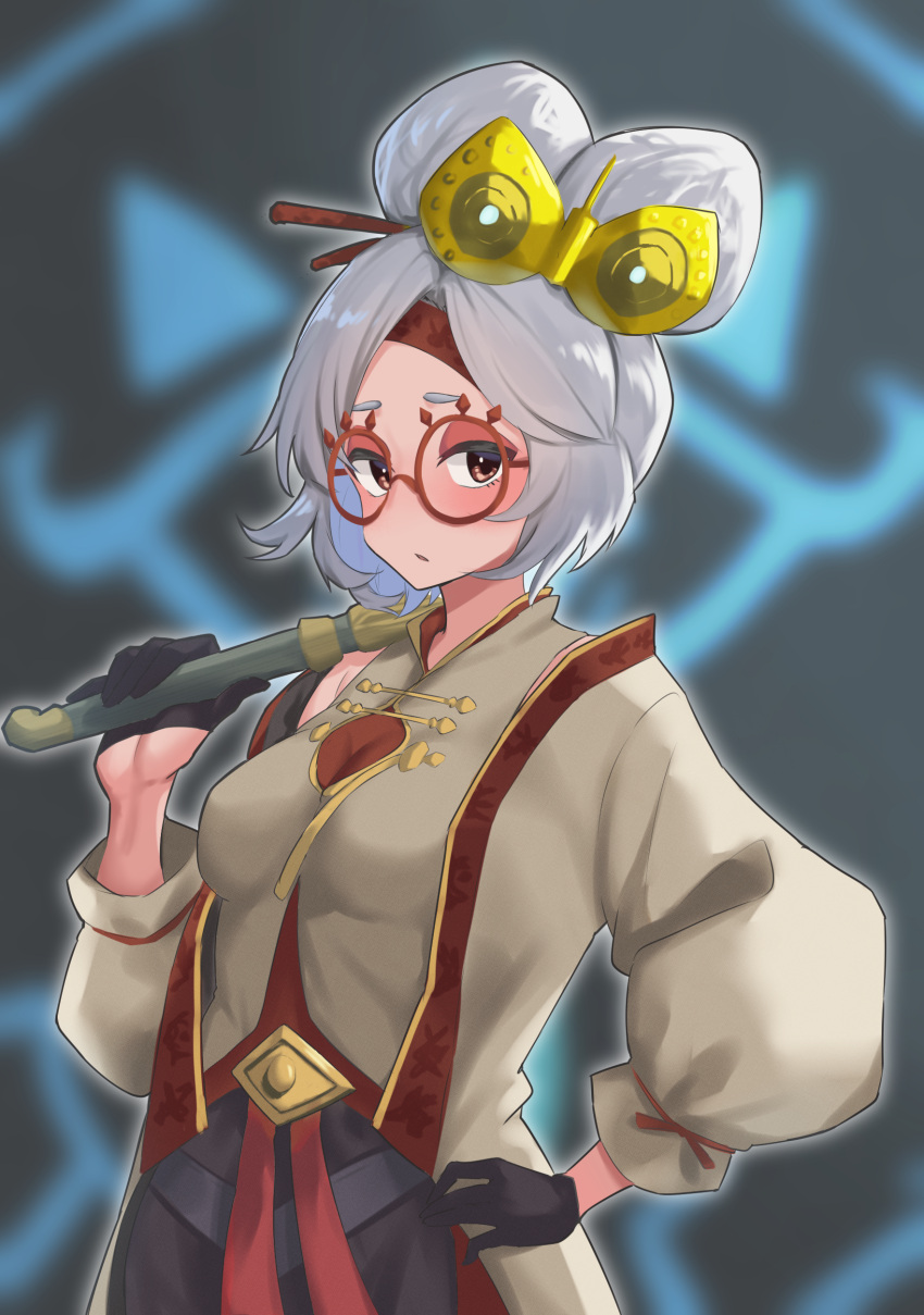 1girl absurdres alternate_costume black_gloves blurry blurry_background blush breasts cleavage closed_mouth commentary_request cowboy_shot gloves goggles goggles_on_head grey_hair hair_bun hand_on_own_hip highres holding holding_smoking_pipe jacket lanthan medium_breasts open_mouth princess_zelda purah red-framed_eyewear round_eyewear sheikah smoking_pipe solo the_legend_of_zelda the_legend_of_zelda:_tears_of_the_kingdom white_jacket
