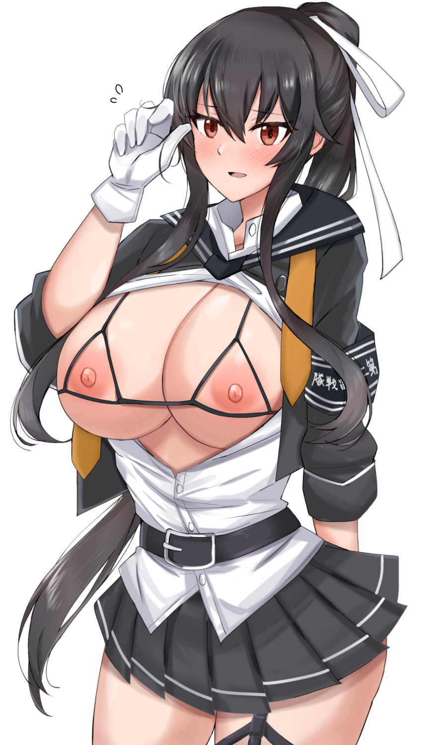 1girl absurdres belt black_belt black_hair breasts breasts_out cleavage closed_mouth gloves grey_skirt hachimaki headband highres kantai_collection large_breasts looking_at_viewer miniskirt nipples orange_eyes pleated_skirt ponytail simple_background skirt smile solo toshimasa_(ztvy3575) uniform upper_body variant_set white_background white_gloves yahagi_(kancolle) yahagi_kai_ni_(kancolle)