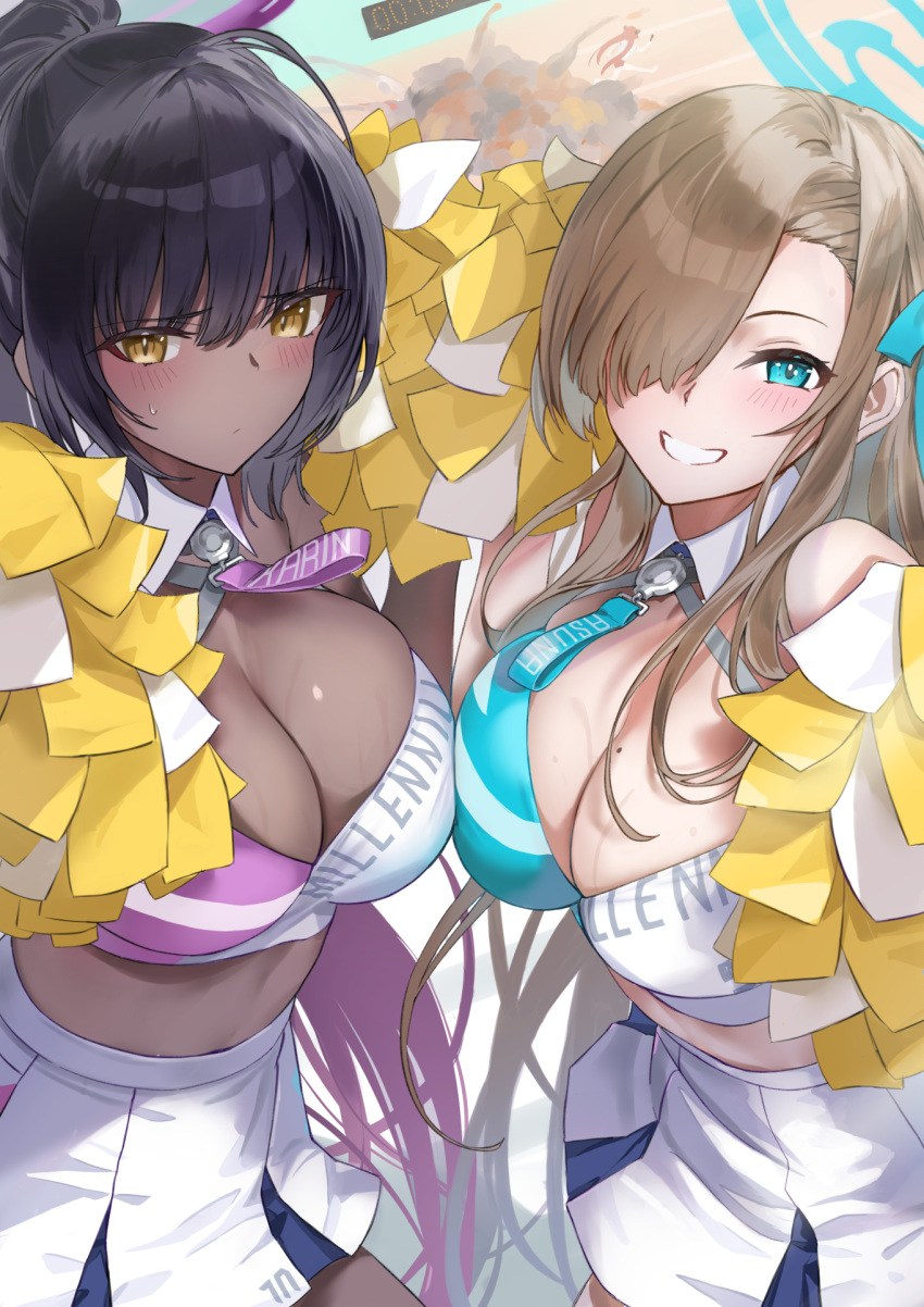 2girls asuna_(blue_archive) black_hair blue_archive blue_eyes blush breast_press breasts cheerleader cleavage closed_mouth crop_top dark-skinned_female dark_skin detached_collar ev_(dai00888) grin hair_over_one_eye halo highres karin_(blue_archive) large_breasts light_brown_hair long_hair looking_at_viewer millennium_cheerleader_outfit_(blue_archive) miniskirt mole mole_on_breast multiple_girls one_eye_covered pleated_skirt pom_pom_(cheerleading) ponytail skirt sleeveless smile sportswear sweatdrop symmetrical_docking uniform very_long_hair white_skirt yellow_eyes