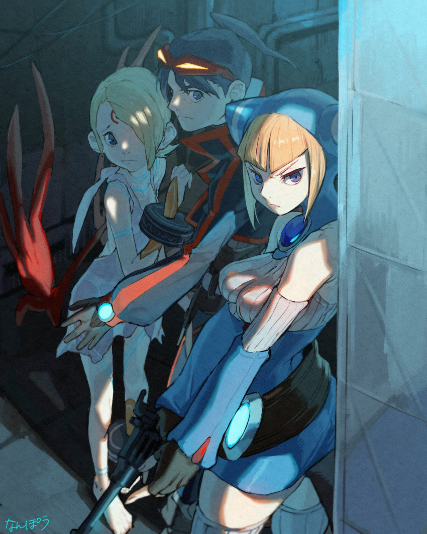 1boy 2girls animal_hood barefoot blue_eyes bracelet breasts breath_of_fire breath_of_fire_v cat_hood closed_mouth dress facial_mark full-body_tattoo full_body gloves green_hair gun hair_over_one_eye highres hood jewelry lin_(breath_of_fire) looking_at_viewer multiple_girls nanpou_(nanpou0021) nina_(breath_of_fire_v) orange_hair red_wings ryuu_(breath_of_fire_v) see-through short_hair tail tattoo thighhighs weapon white_dress wings