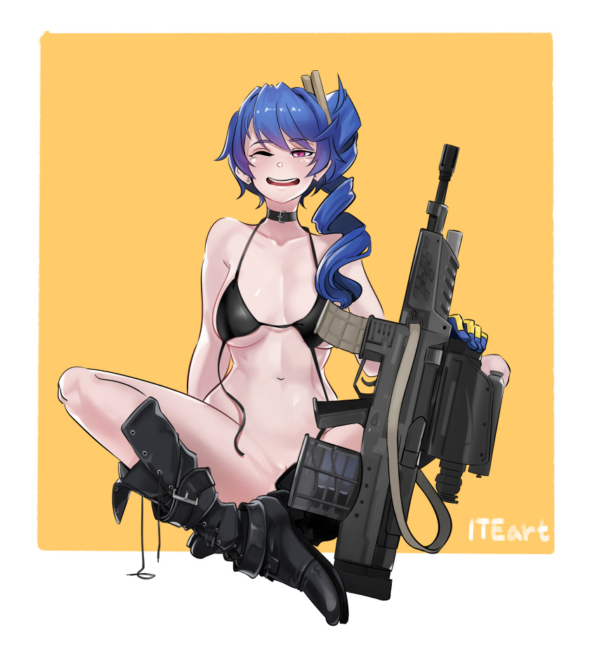 1girl absurdres artist_name assault_rifle belt_boots black_footwear blue_gloves blue_hair blush bolt_action boots bottomless breasts bullpup choker collarbone daewoo_k11 earrings gen_uma_mai girls'_frontline gloves grenade_launcher gun highres indian_style jewelry k11_(girls'_frontline) leather_choker long_hair messy_hair navel one_eye_closed open_mouth orange_background red_eyes rifle scope side_ponytail single_earring sitting smile teeth two-tone_background two-tone_gloves untied_bikini_top upper_teeth_only weapon white_background yellow_gloves