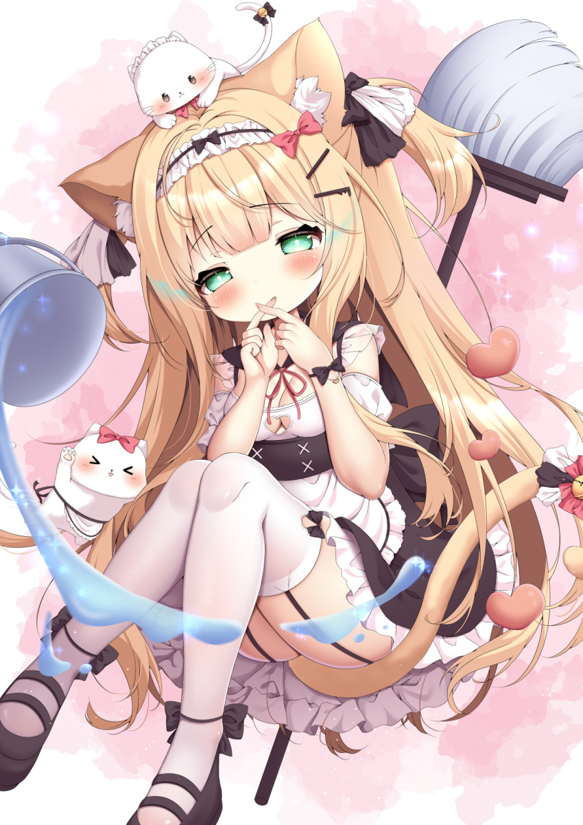 1girl animal_ear_fluff animal_ears animal_on_head black_dress black_footwear blonde_hair blush breasts cat cat_ears cat_girl cat_tail cleavage covering_mouth crossed_fingers dress garter_straps green_eyes hair_ornament hairclip highres long_hair maid maid_headdress mop on_head original ribbon shoes short_dress small_breasts solo tail thighhighs thighs two_side_up very_long_hair white_thighhighs yuyumaru_(yuyuyuyuyuyu030)