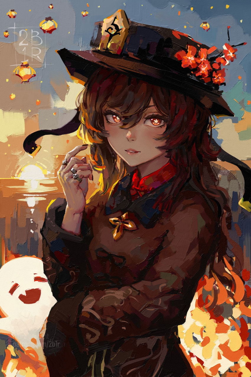 1girl absurdres arm_across_waist artist_name black_headwear black_nails blush boo_tao_(genshin_impact) brown_hair canvas_(medium) chinese_clothes collared_coat faux_traditional_media flower flower-shaped_pupils genshin_impact ghost hair_between_eyes hat hat_flower hat_tassel highres hu_tao_(genshin_impact) impasto jewelry lantern long_hair long_sleeves looking_at_viewer multiple_rings painterly paper_lantern parted_lips plum_blossoms porkpie_hat ravine_bells red_eyes ring sky_lantern solo sunset symbol-shaped_pupils