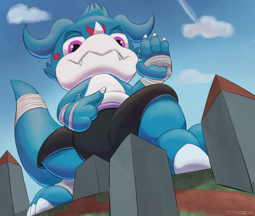 2021 3_toes bandai_namco black_bottomwear black_clothing bottomwear clothed clothing digimon digimon_(species) feet foot_wraps hand_wraps hi_res macro male purple_eyes solo suddendraft tail tail_wraps toes topless topless_male veemon wraps