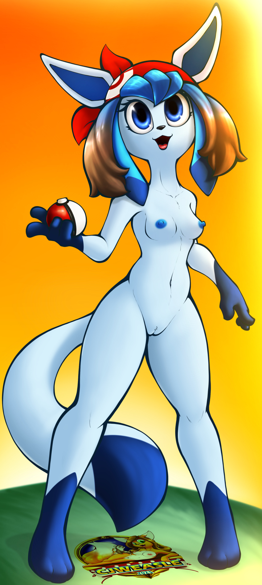 absurd_res anthro areola blue_body blue_eyes breasts cjweasle eeveelution female generation_4_pokemon genitals glaceon hair hi_res holding_object holding_pokeball may_(pokemon) nintendo nipples nude open_mouth pokeball pokemon pokemon_(species) pokemorph pussy solo