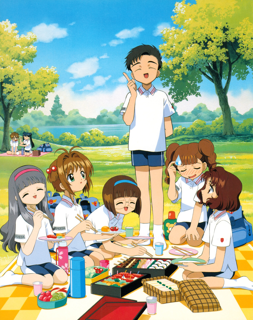 2boys 6+girls absurdres blue_hairband blush brown_hair cardcaptor_sakura child daidouji_tomoyo food glasses grass hairband highres kinomoto_sakura li_meiling li_xiaolang mihara_chiharu multiple_boys multiple_girls official_art outdoors picnic pink_hairband sasaki_rika school_uniform short_hair socks tree white_socks yamazaki_takashi yanagisawa_naoko